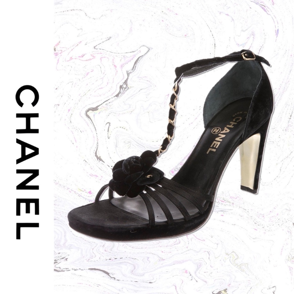 CHANEL Black Camellia Flower Velvet Strap Heels